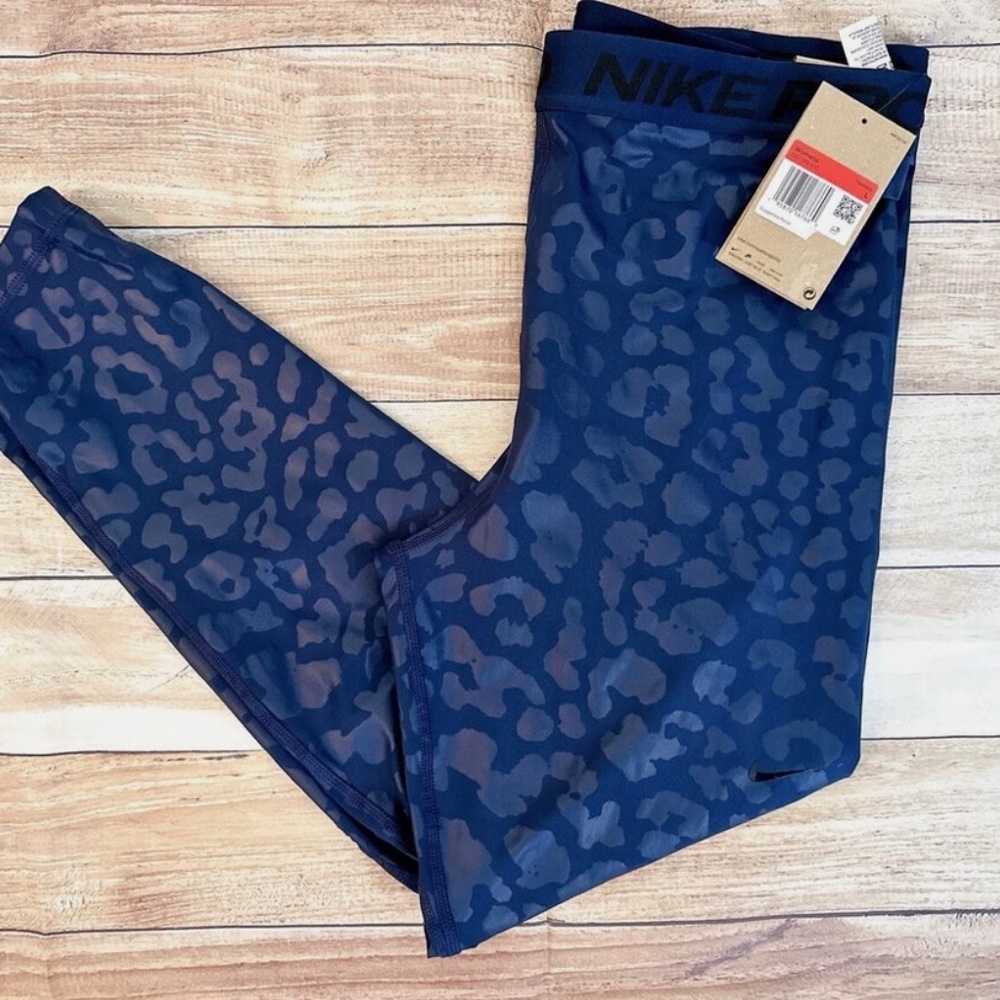NWT Nike Pro Leggings Womens Large High Rise Training Tight Fit Blue Leopard